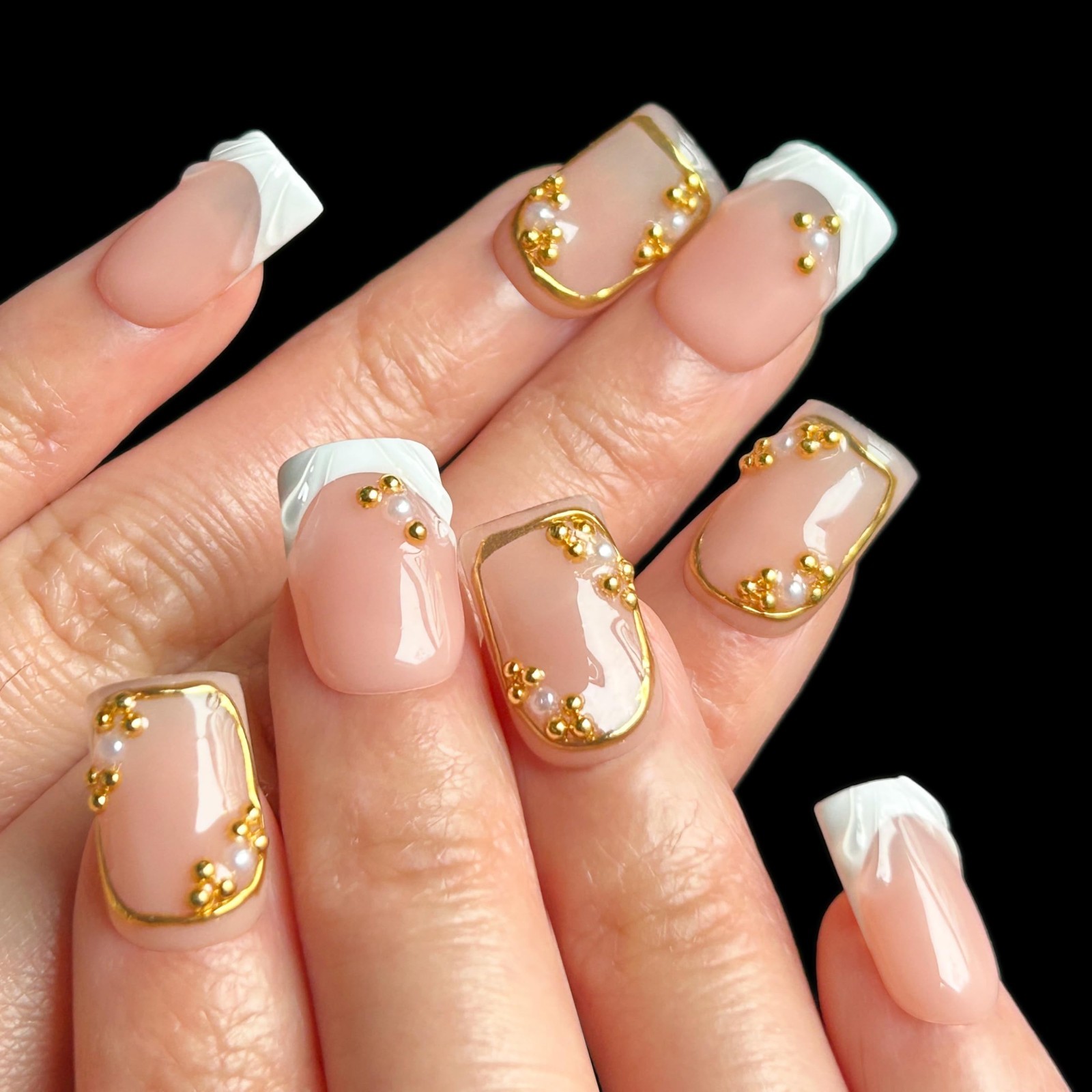 3D Handmade Press-On Nails, Short Square Nude Pink & White French, 10 Pcs, Reusa