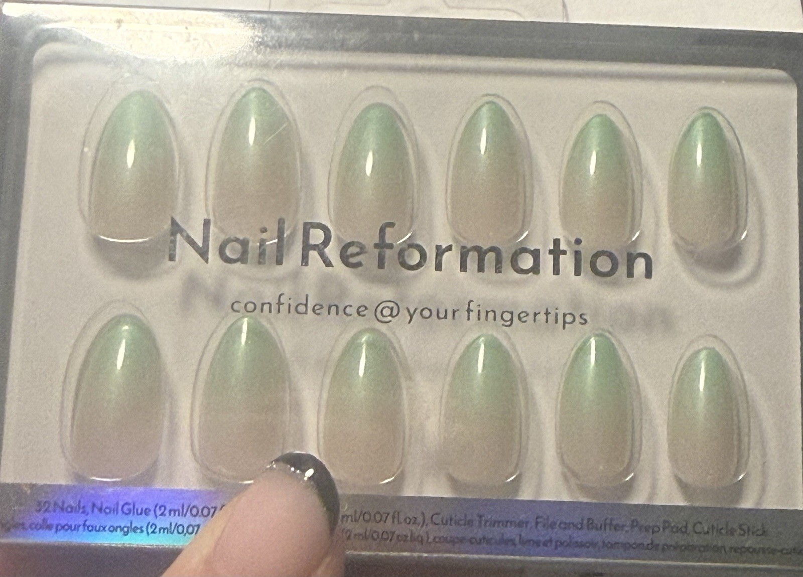 Nail Reformation Press-On Nails Almond Shape Blue Green Nude Shiny UV Luxury