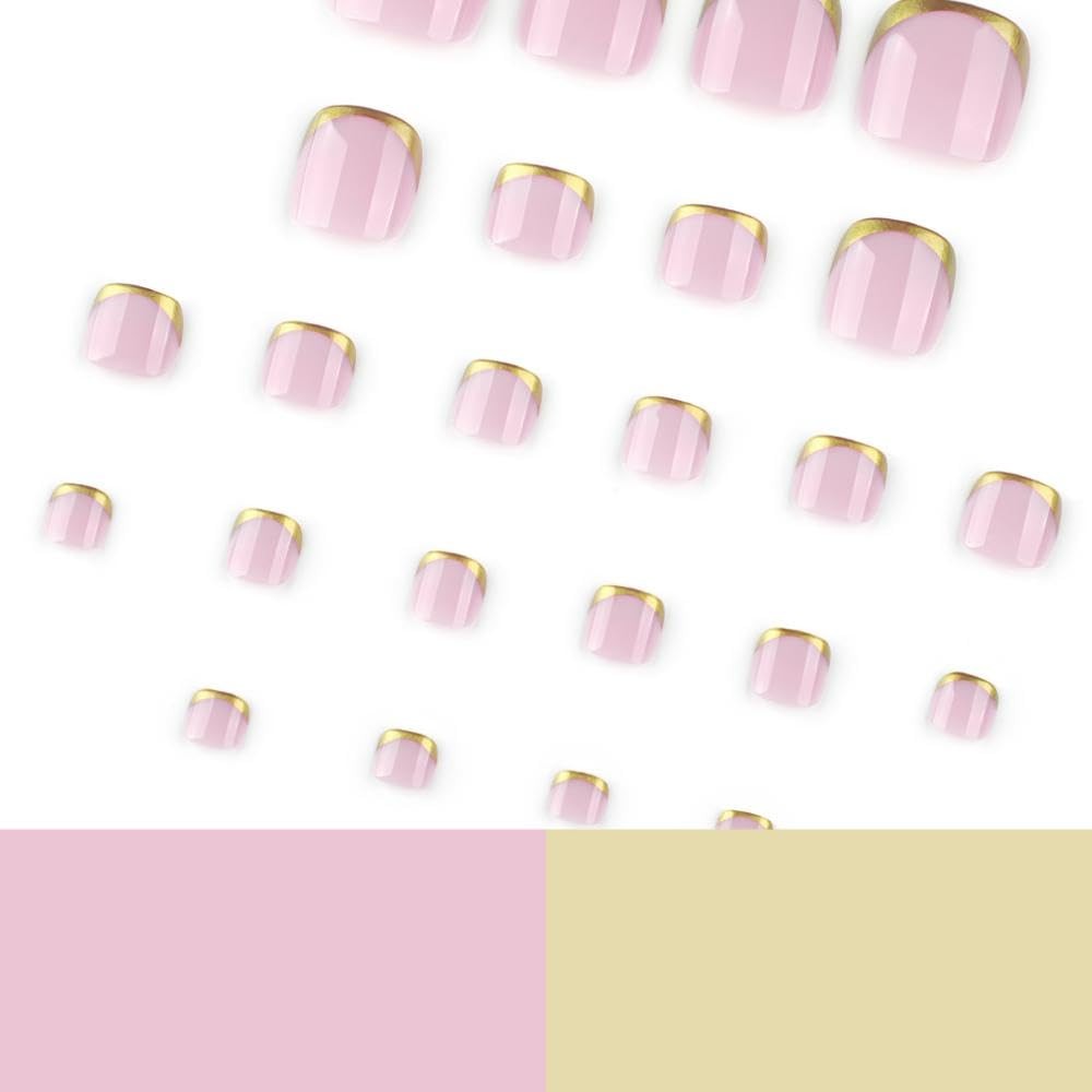 Gold French Tip Press on Toenails Short Square Glue on Nails with Designs Glo…