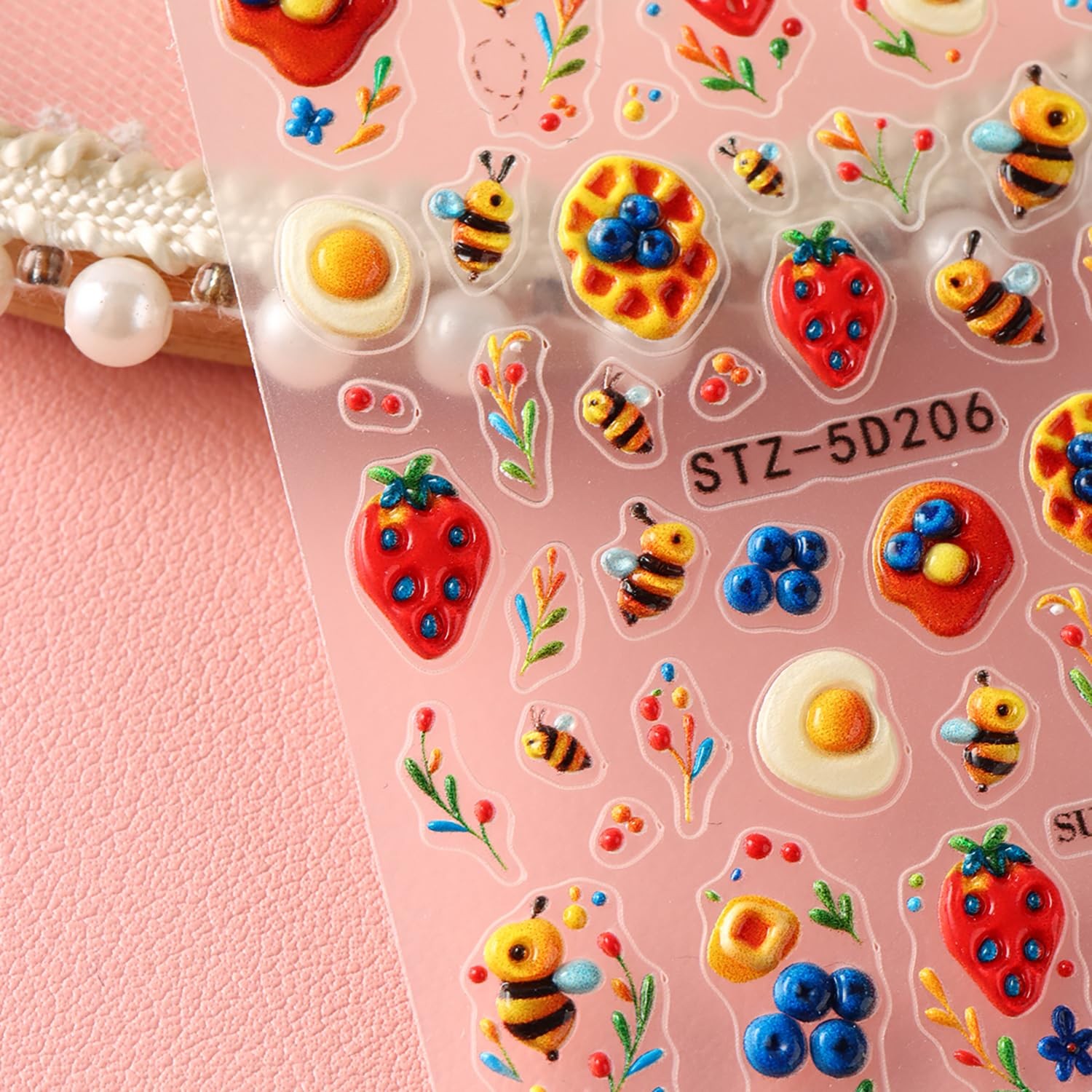 Bee Strawberry Nail Stickers 5D Embossed Cute Nail Art Stickers Self-Adhesive…