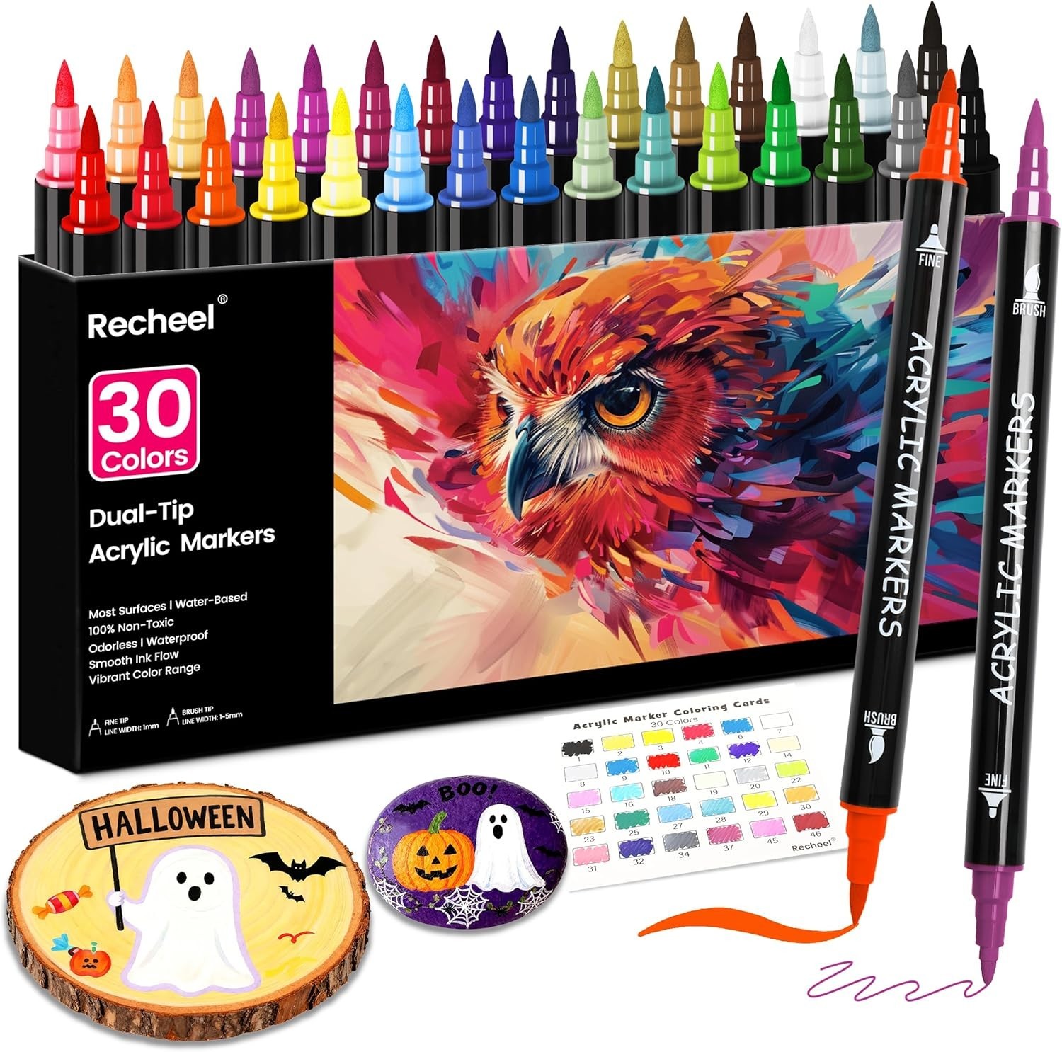 30 Colors Acrylic Paint Markers, Dual Tip Fine and Brush Tips for Detailed Art