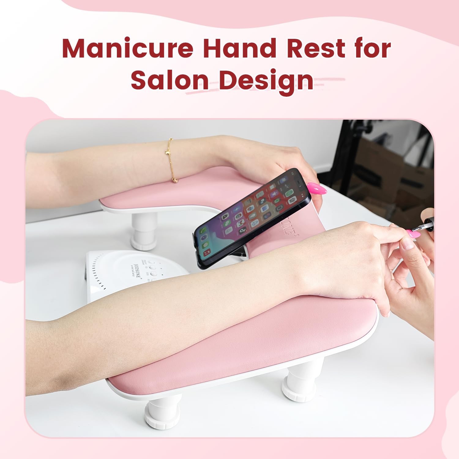Pink U-Shaped Manicure Arm Rest for Nails Tech with Rotating 360°Built-In Pho…