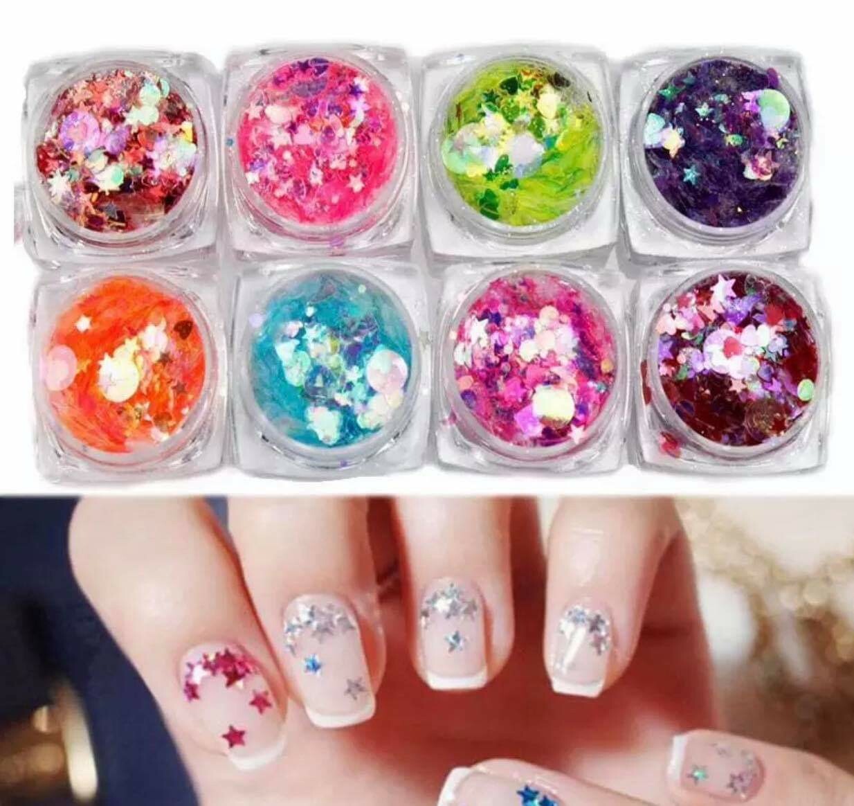 8 Colors/set Mix Star Heart Round Manicure Decor Chunky Stickers Nail Sequins