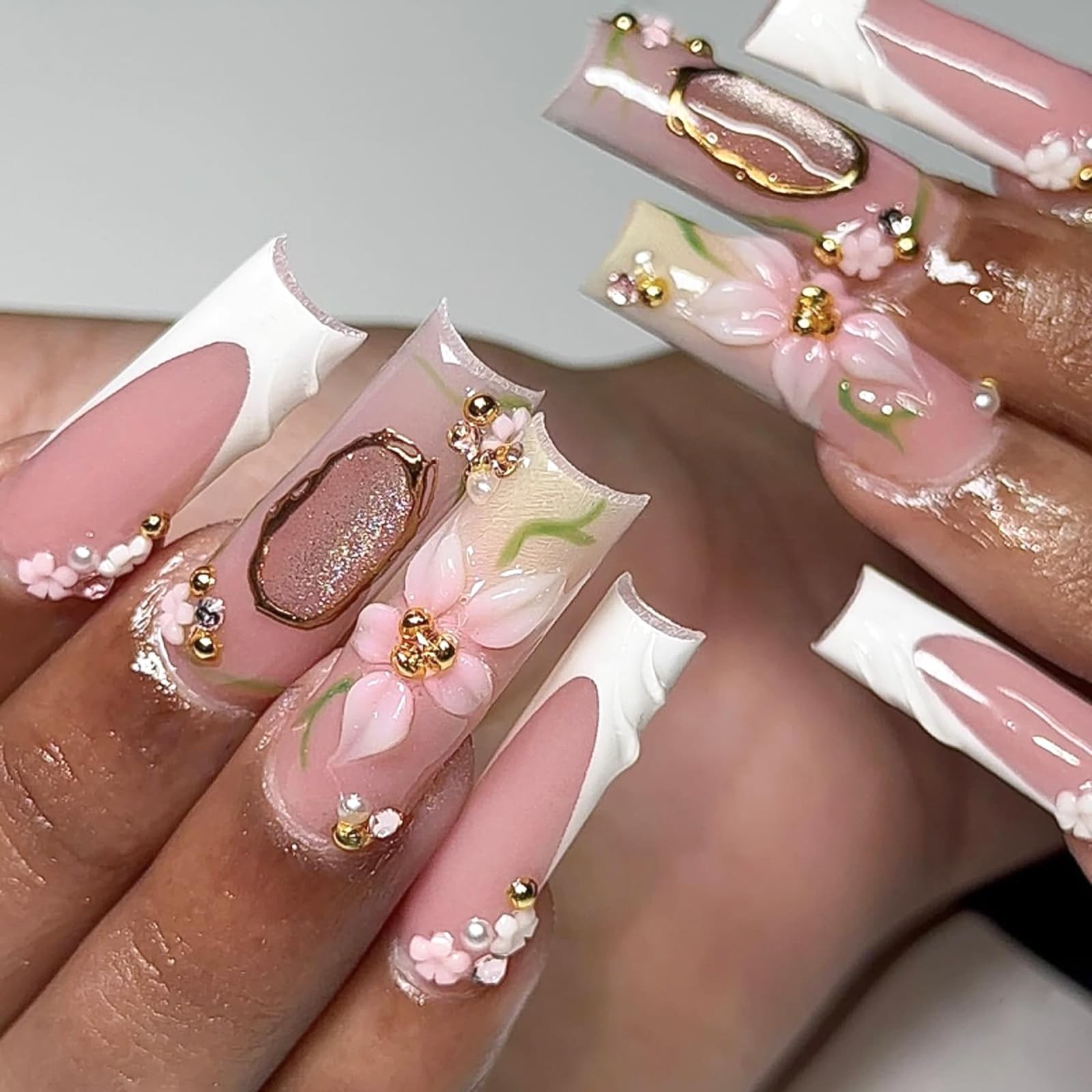 Long Press on Nails Square Press Ons White French Tip Fake Nails with 3D Whit…