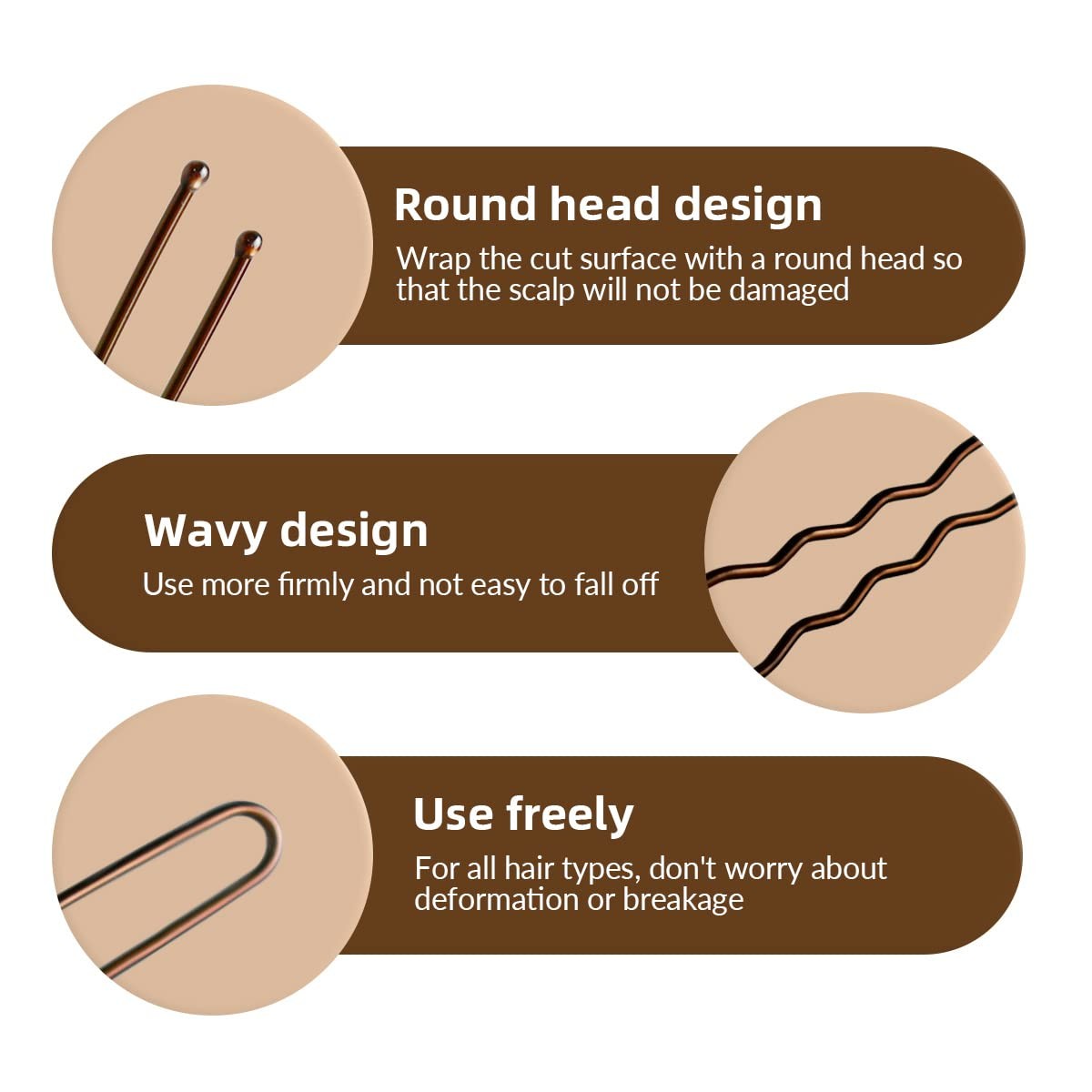100 PCS Invisible Wave Hairgrip U Shaped Hair Pins Kit Large Heavy Duty Brown