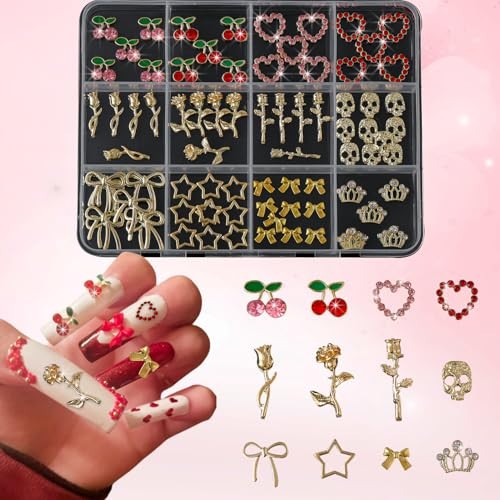 pcs Gold Nail Charms Set with Rose, Cherry, Bow, Hearts, Star, Flowers, 80