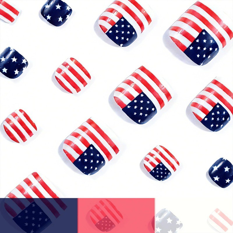 48pcs American Flag Fake Toenails, 4th of July Patriotic Press on Toenails
