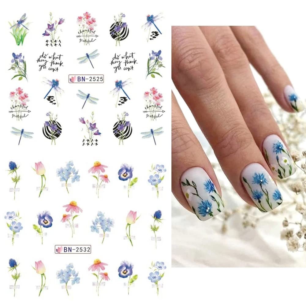 Flower Nail Art Stickers, Decals Water Transfer Blue Green Yellow