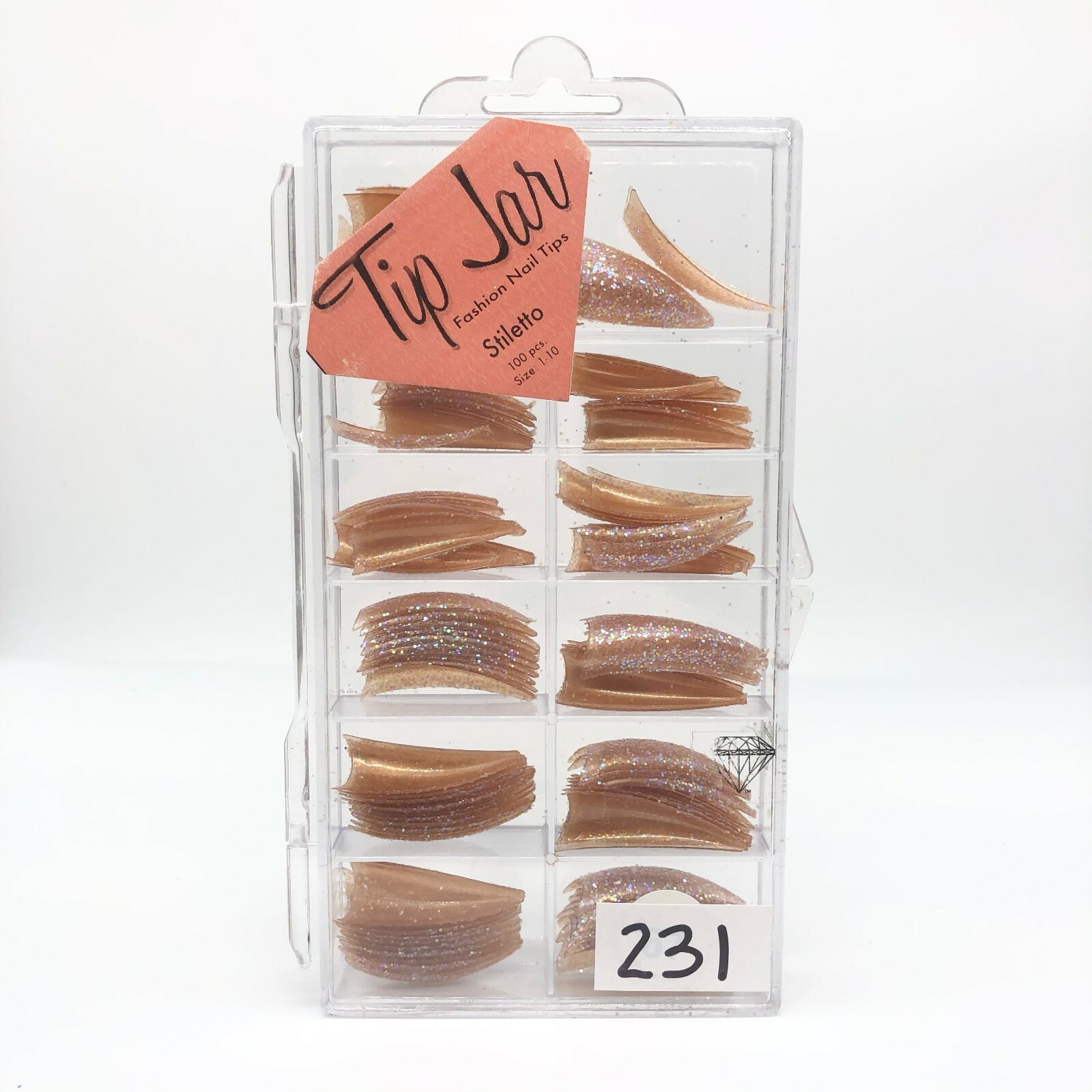 Brand New Tip Jar Fake Nail Tips – Orange Pink Stiletto with Glitter (#231)