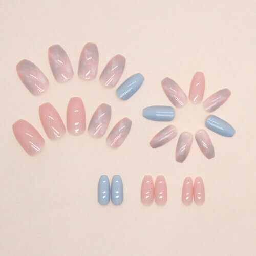 Coffin Press on Nails Short Fake Nails with Marble Designs Acrylic pink-6 blue