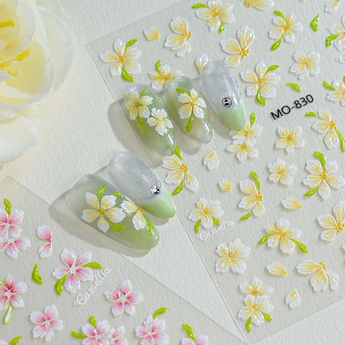 3 Sheets Flower Nail Stickers for Nail Art 3D Self-Adhesive Pink Yellow Flower N