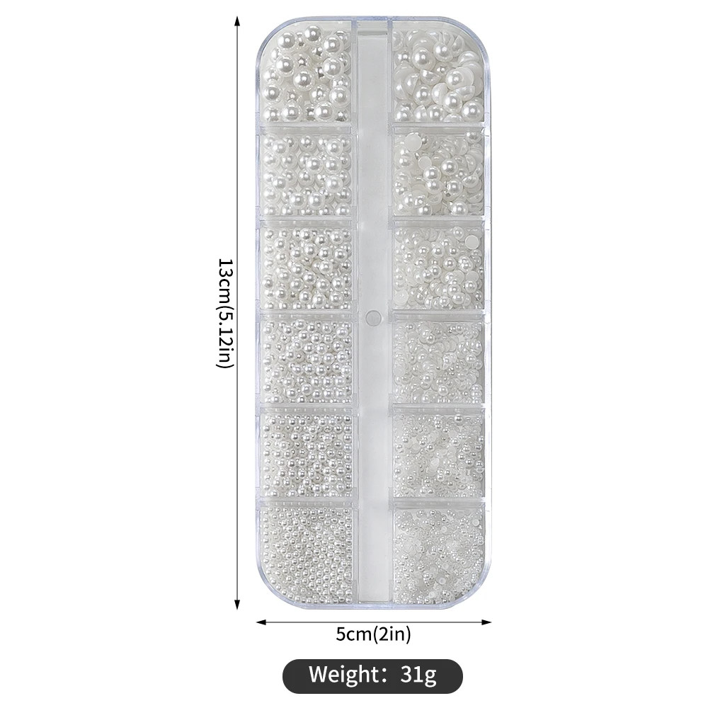 12grids Half Round Pearls Beads 3D Nail Charms 1.5/2/2.5/3/4/5mm White Flatback