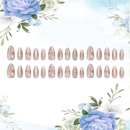 30Pcs Lily Flower Press on Nails Medium Length Rhinestones and Glitter