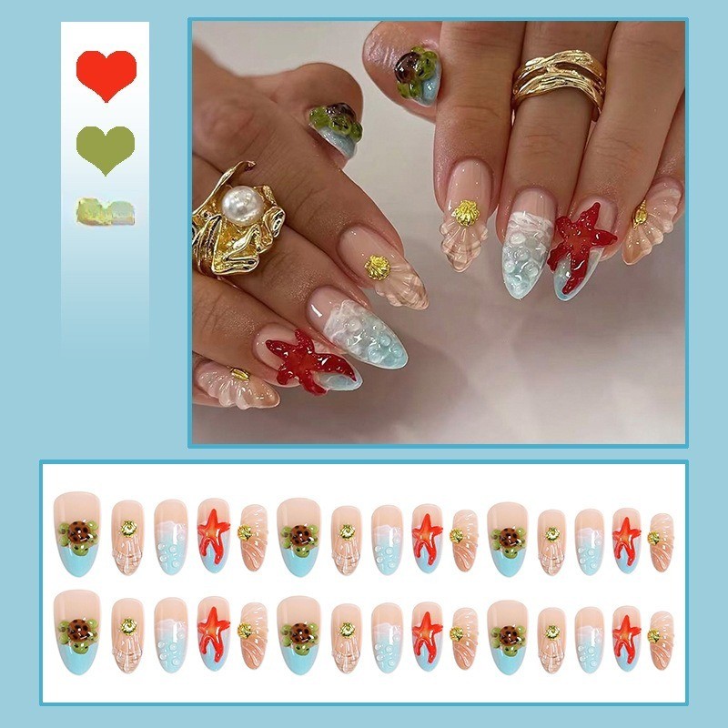 48Pcs-Long Almond Nude Blue Ocean Starfish Turtle Shell Press on Nails