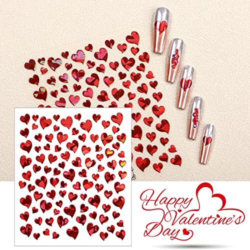 6 Sheets Heart Nail Stickers, Valentine’s Day 3D Red 6 Sheets，valentine’s Day