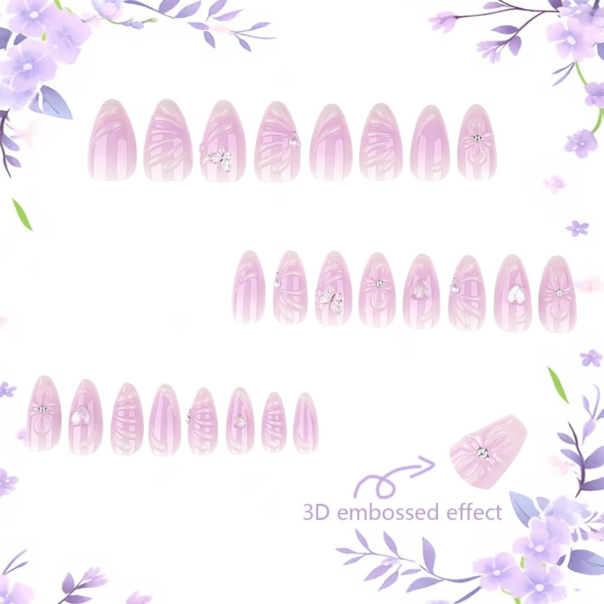 24Pcs Spring Flower Press on Nails Medium Almond Gradient Purple False Nails wit