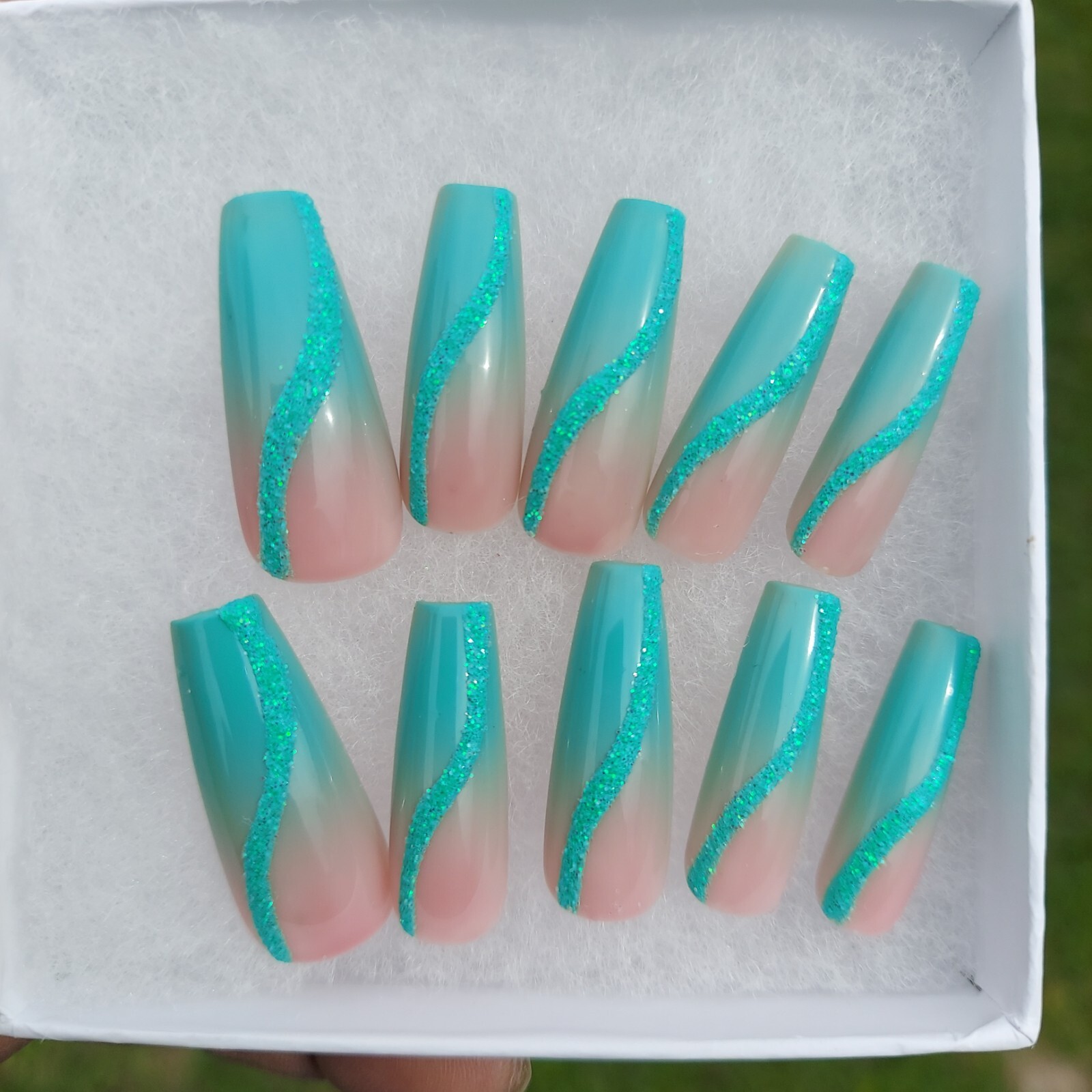 Ocean Beach Wedding Nails Teal Turquoise Glitter Sugar Swirl Press on Nails