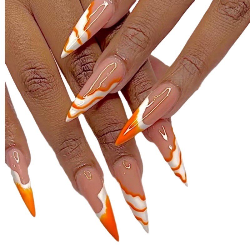 48pcs-Nude Stiletto Nail with Ombre Orange Tips and Hand-Painted White Swirl Art