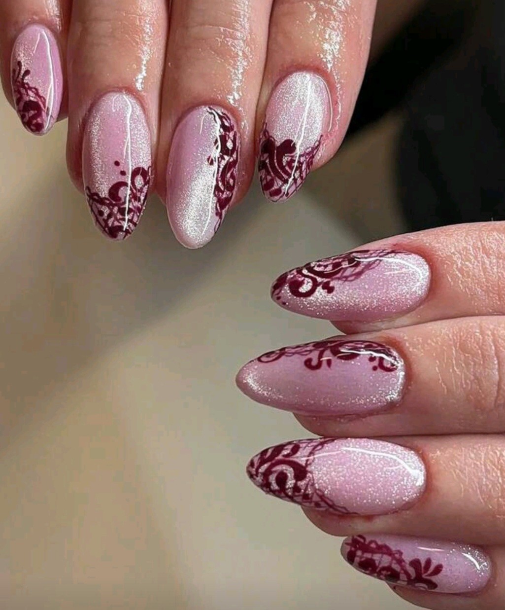 Press-On Nails Pink Glitter w/Burgundy Scrollwork Vintage Vibe Long Almond Shape