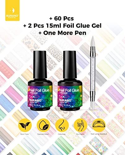 Nail Art Foil Glue Gel 15ML – 2 Bottles + 60PCS Foil Stickers for Nail Design