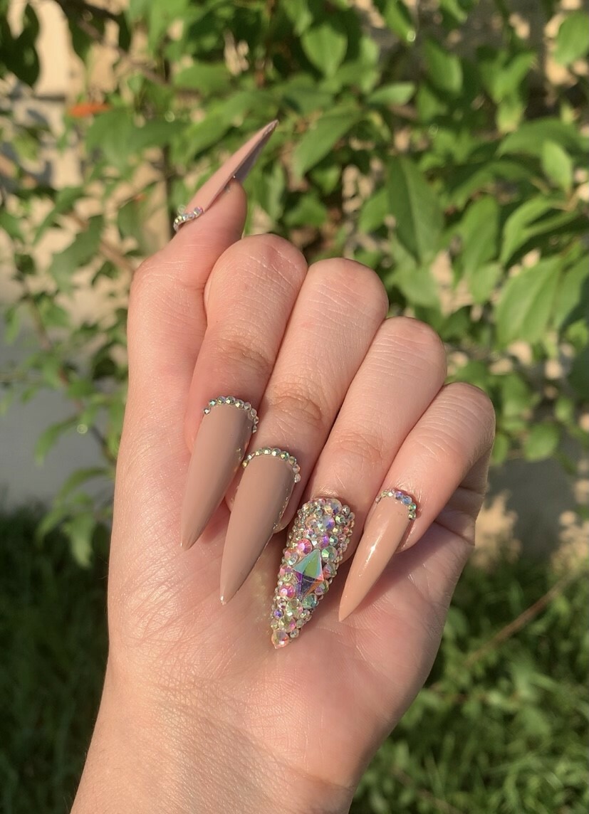Nude Press on Nails With Diamond accent finger and Diamond cuticals