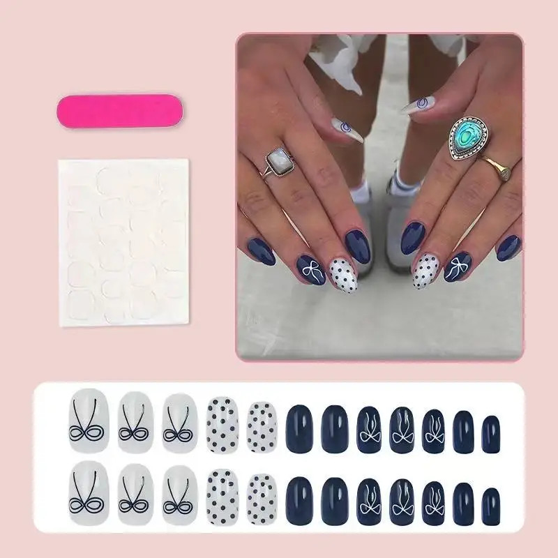 Fashion Press On Nails 24PCS Navy Blue White Polka Dot Bow Oval Fake Artificial