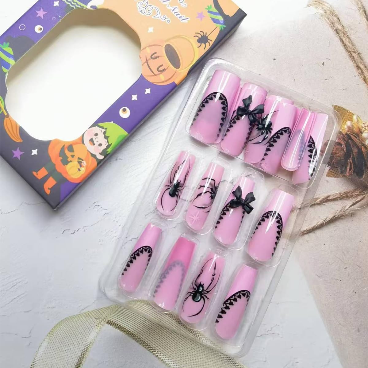 24Pcs Pink Halloween Nails Long Square Press 1 Ounce (Pack of 1), Multicolor