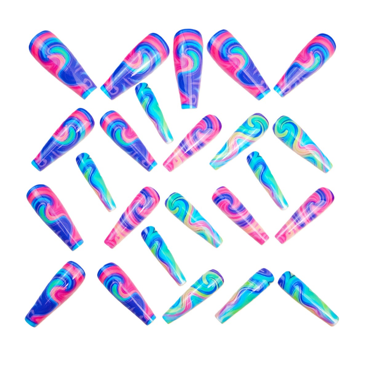48Pcs Rainbow Swirl Press on Nails Neon Colorful Glossy Stylish Shiny Fake Nails