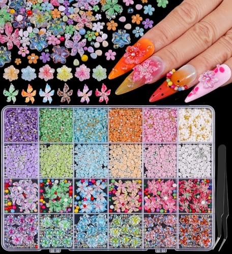 3D Flower Nail Charms and Gems, Colorful Flower Charms Cherry Blossom S4-Flower