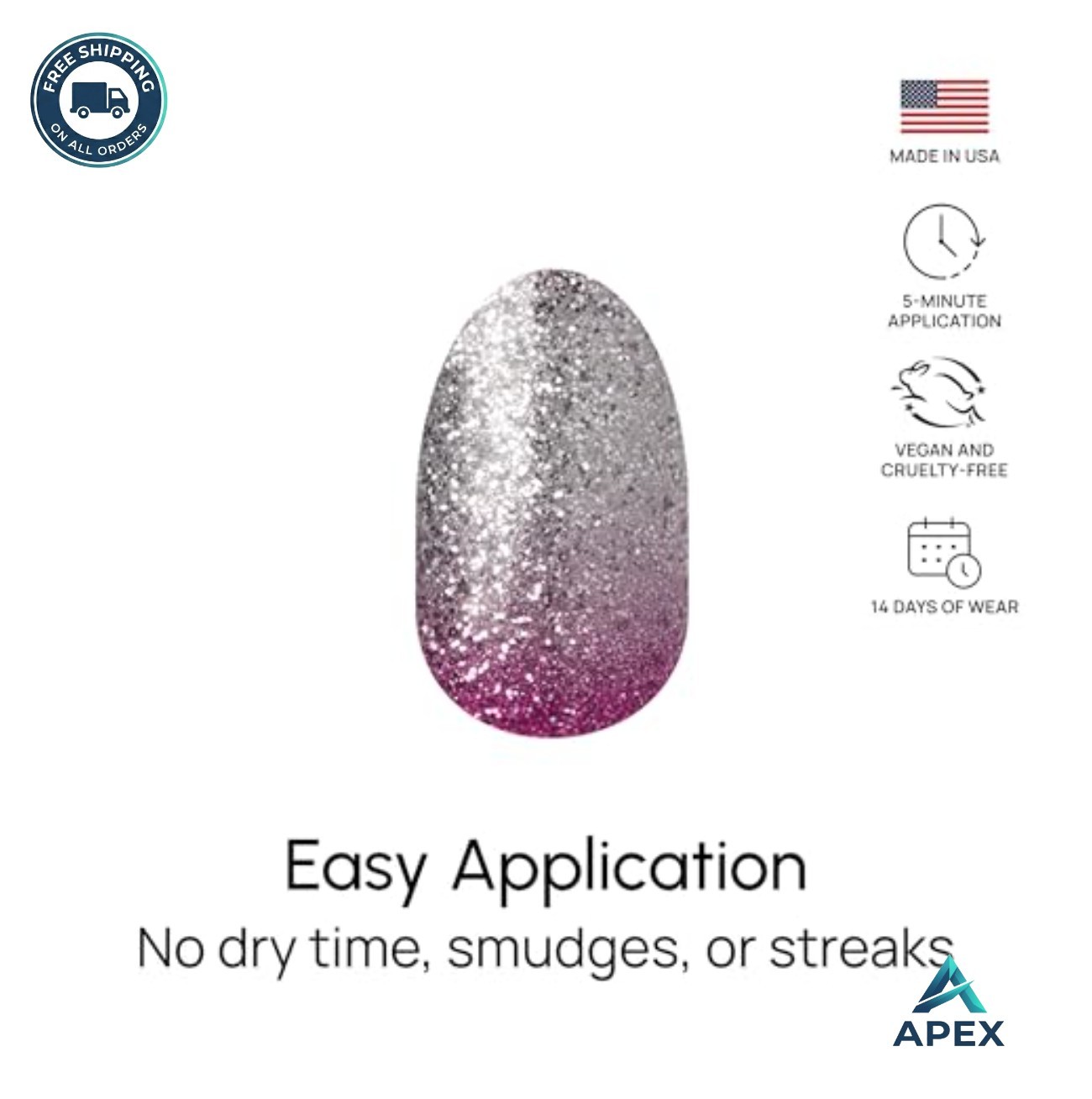 Nail Art Stickers 16 Double-Ended Nail Strips Pink Silver Glitter Gradient Peel