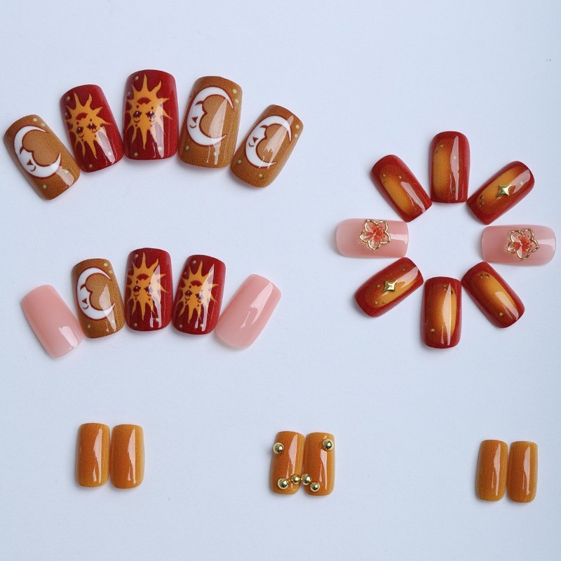 48 Pieces of Orange Red Sun and Moon Cartoon 3D Relief Removable Fake Nail Art