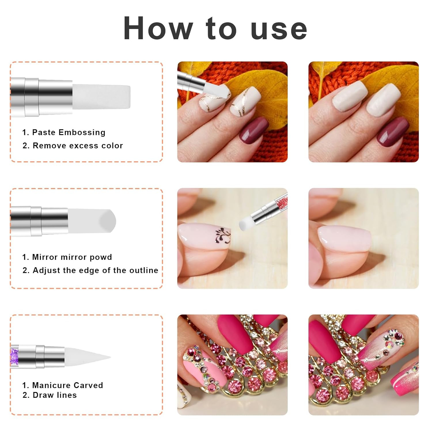 10PCS Nail Art Gel Carving Pen Rhinestone Handle Silicone Nail Art Pen Brushes f
