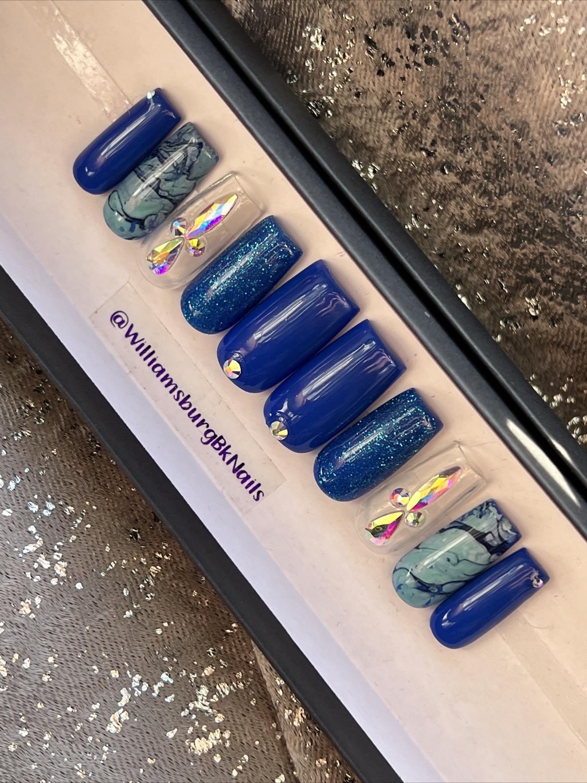 🔥CUSTOM Gel press On Nails, BLUE BLING , Medium Square, 10p Set With FULL KIT