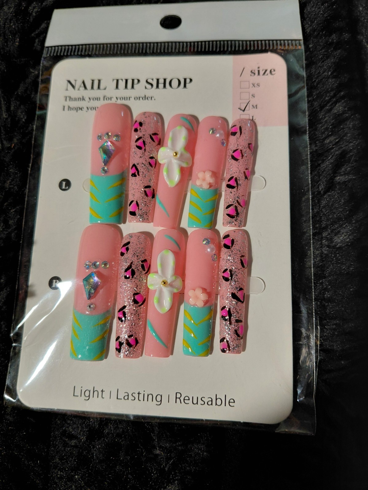 Nail Tip Shop Medium Coffin Artificial Nails Pink Floral Glitter 3D Reusable