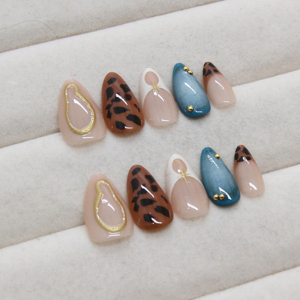 30Pcs-Long Almond Teal Solid Amber Leopard Print Nude Base Star Press on Nails