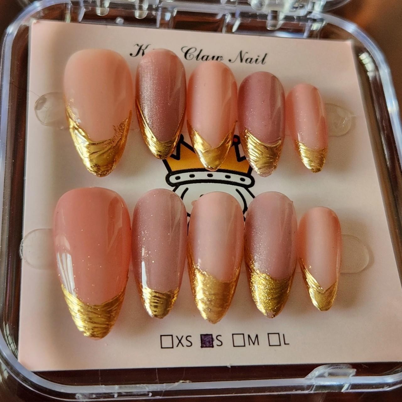 Pink Cateye 2.5 length Almond Gold Tipped Press-On Nails. Size S