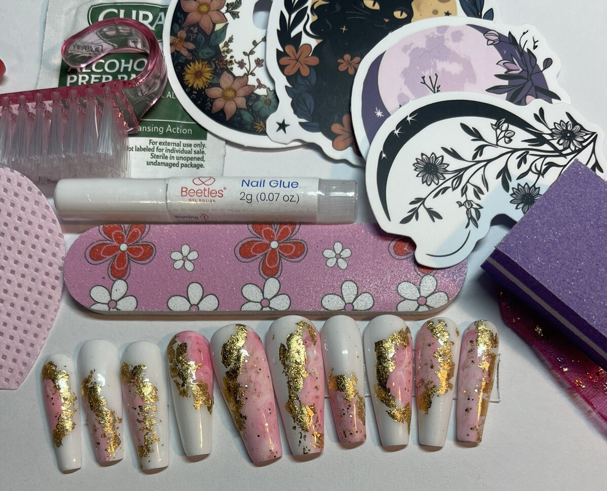 Handpainted Marble Pink Press on Nails. I Can customize size includes Prep Kit.