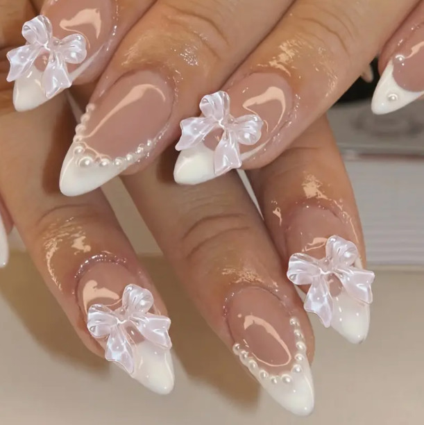 24 Pcs Press-On Nails Long Almond White French with Faux Pearls w/3D Bows
