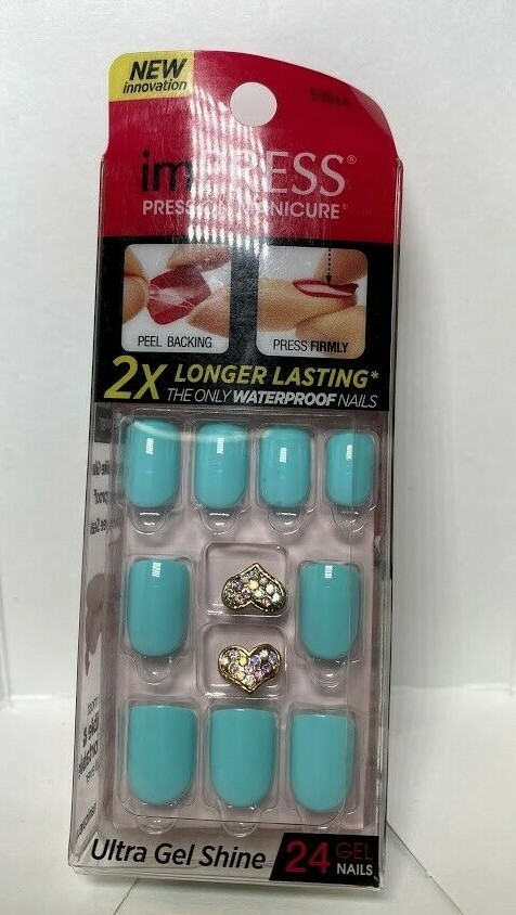 Impress Gel Manicure Press on Nails Short Aqua blue w/ large heart jewel accent