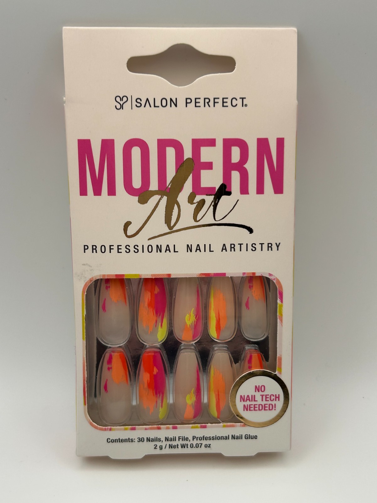 Salon Perfect Modern Art Press On Nails – Neon Pink Orange Yellow Abstract 30 ct