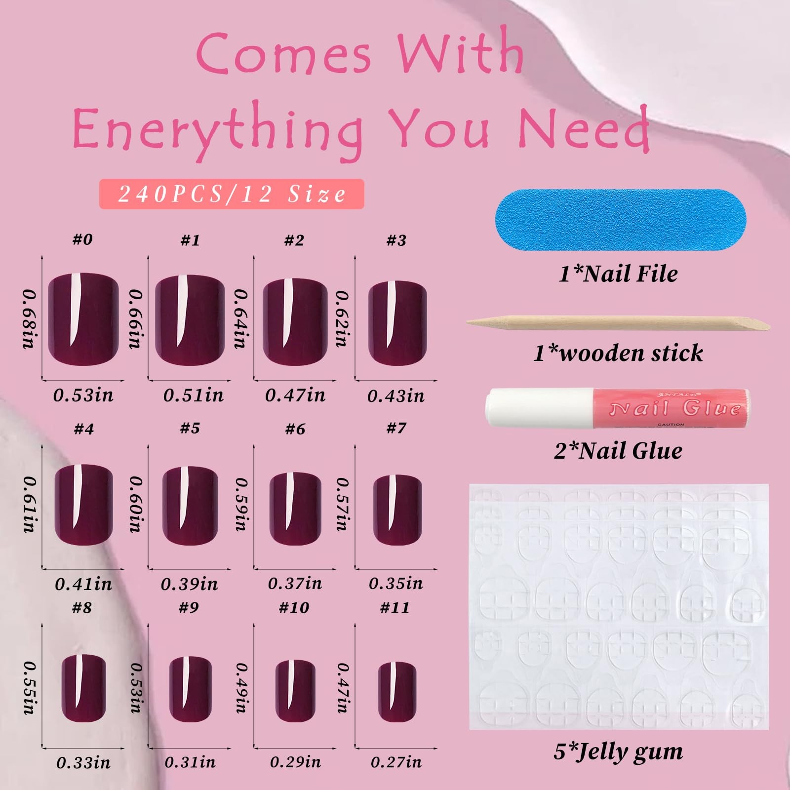 Bellelfin Square Press on Nails Short, 120Pcs Glossy Burgundy Fake Nails Full…