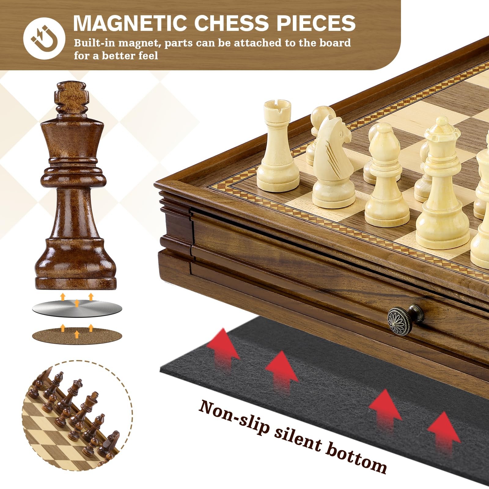 Peradix Magnetic Chess Checkers 32 cm x 32 x 5.2 cm, Walnut Color 12.8″