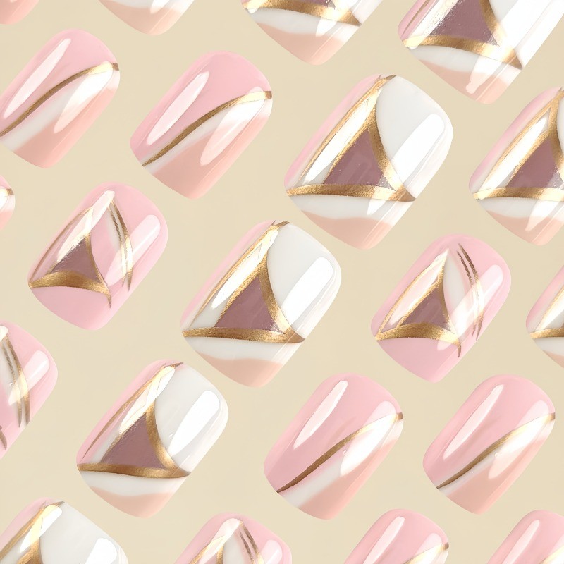 48Pcs-Medium Square Nude White Geometric Gold Line Gradient Press on Nails Set