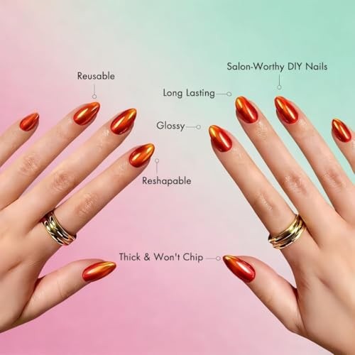 Bright Red Chrome Press On Nails Short, Shiny Cat Eye Extra Short orange red