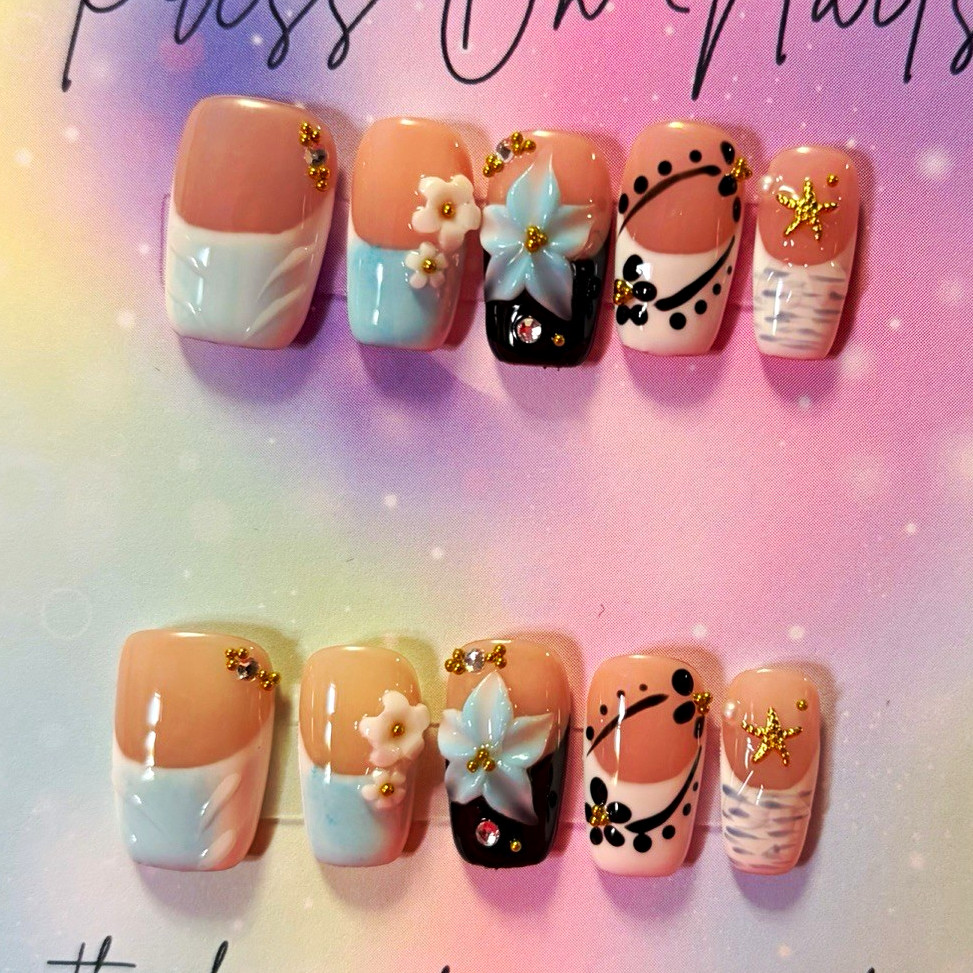 Handmade Multicolor 3D Flower Square Press-On Nails, Medium, Full Cover