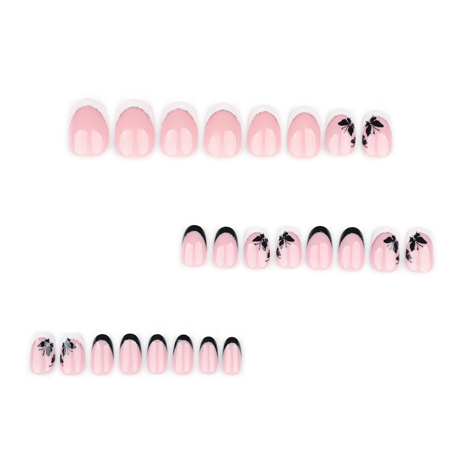 French Tip Press on Nails Short Oval Fake Nails with White Black colour62