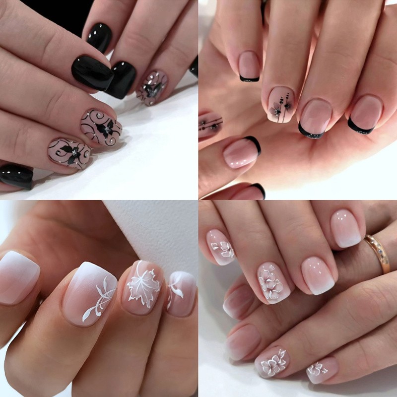 96PCS Elegant Floral Pattern Press on Nails Gradient French Reusable False Nails