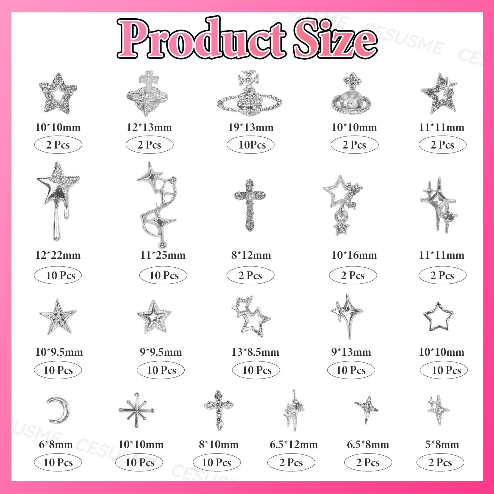 130 Pcs 3D Silver Star Cross Alloy Nail Charms, 21 Styles Y2K Metal Star Moon…