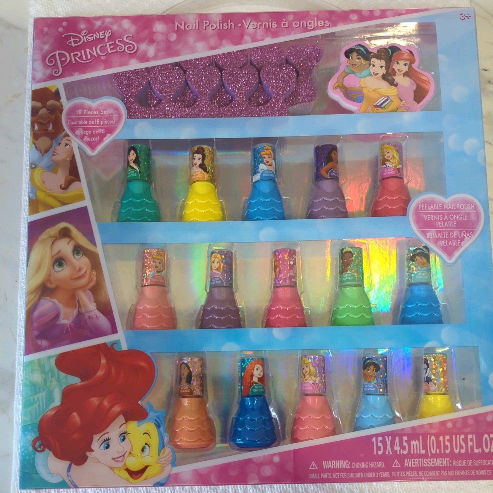 Disney Princess 15 Piece Water-Based Nail Polish with 3 Toe Multicolor