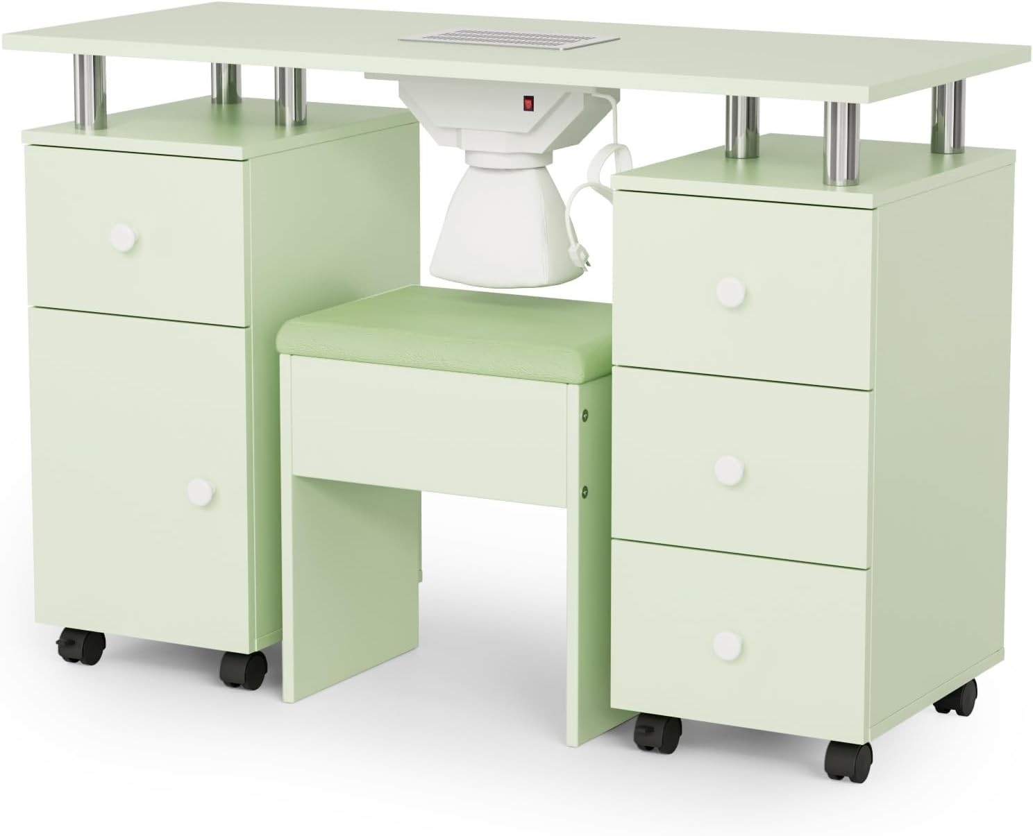 Salon Nail Desk Set with Stool, Drawers, Dust Collector, Smooth Rolling Wheels